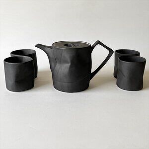 Handmade Sculptural Ceramic Teapot Cup Set Modern Crumpled Geometric Matte Black